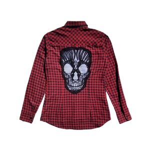 Hot Topic Red & Black Plaid Skull Lace Back Button Up Shirt
